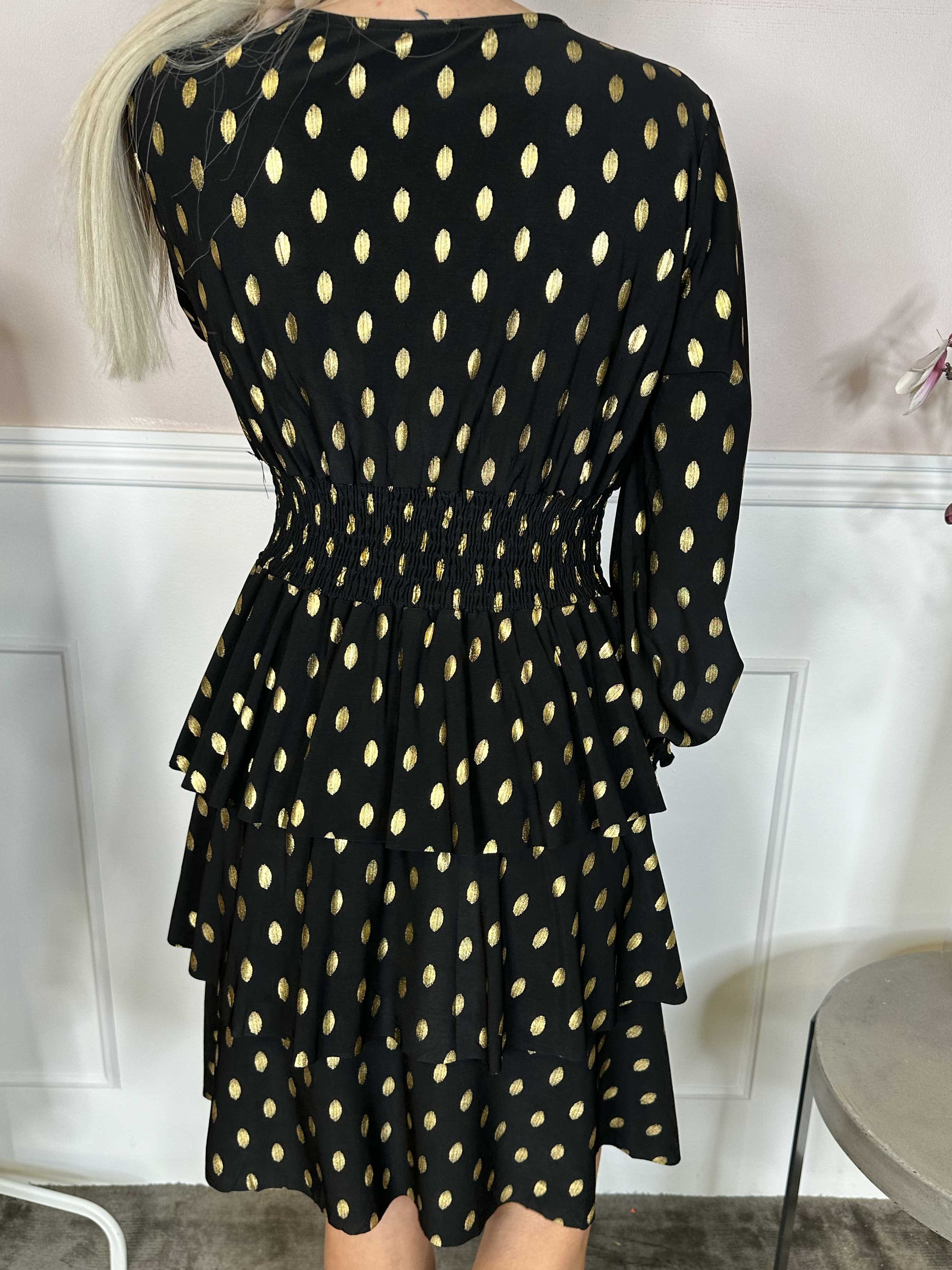 Pams Gold Dot Frills - Söt klänning med resår och volanger